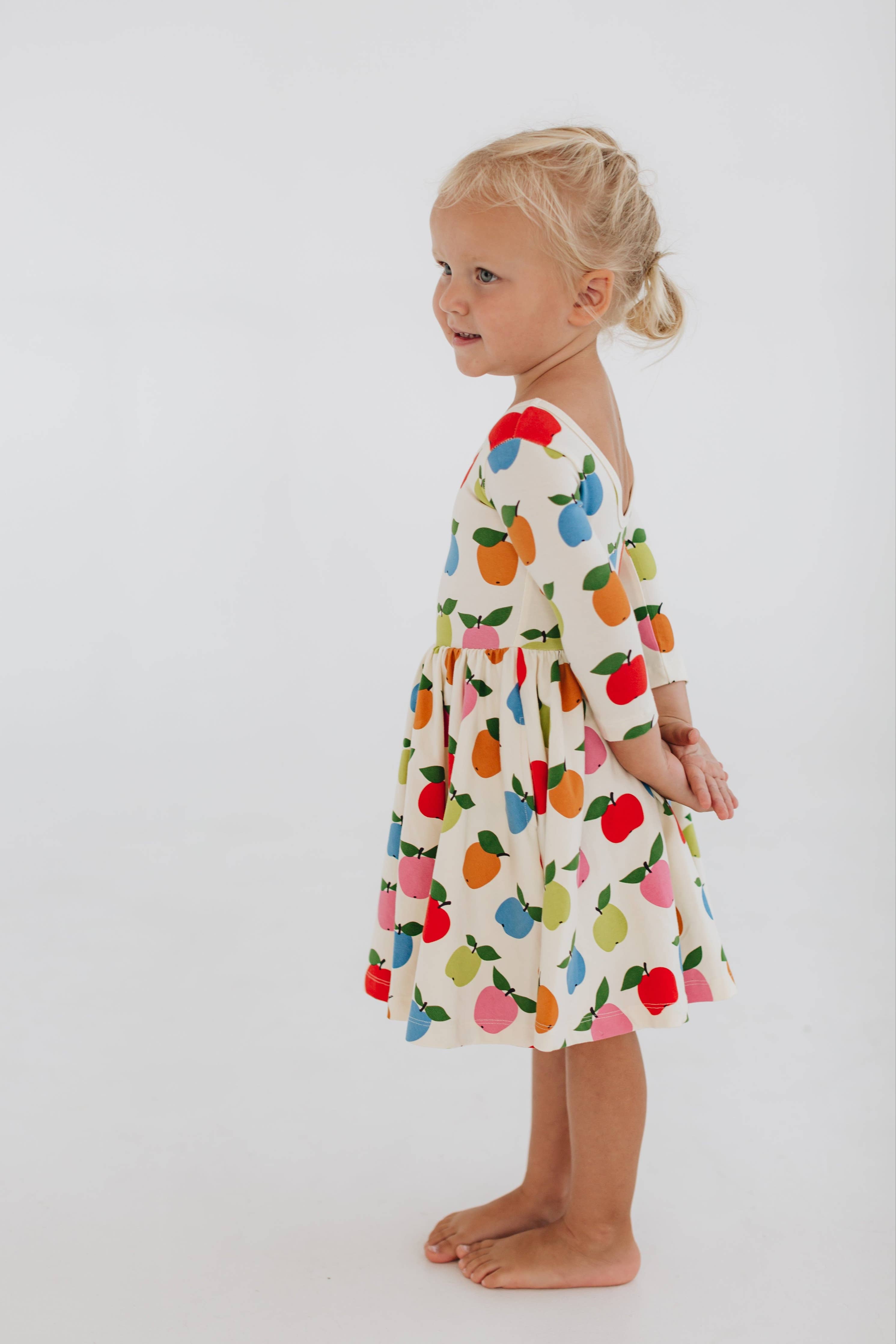 3/4 Sleeve Twirl Dress in Colorful Apples