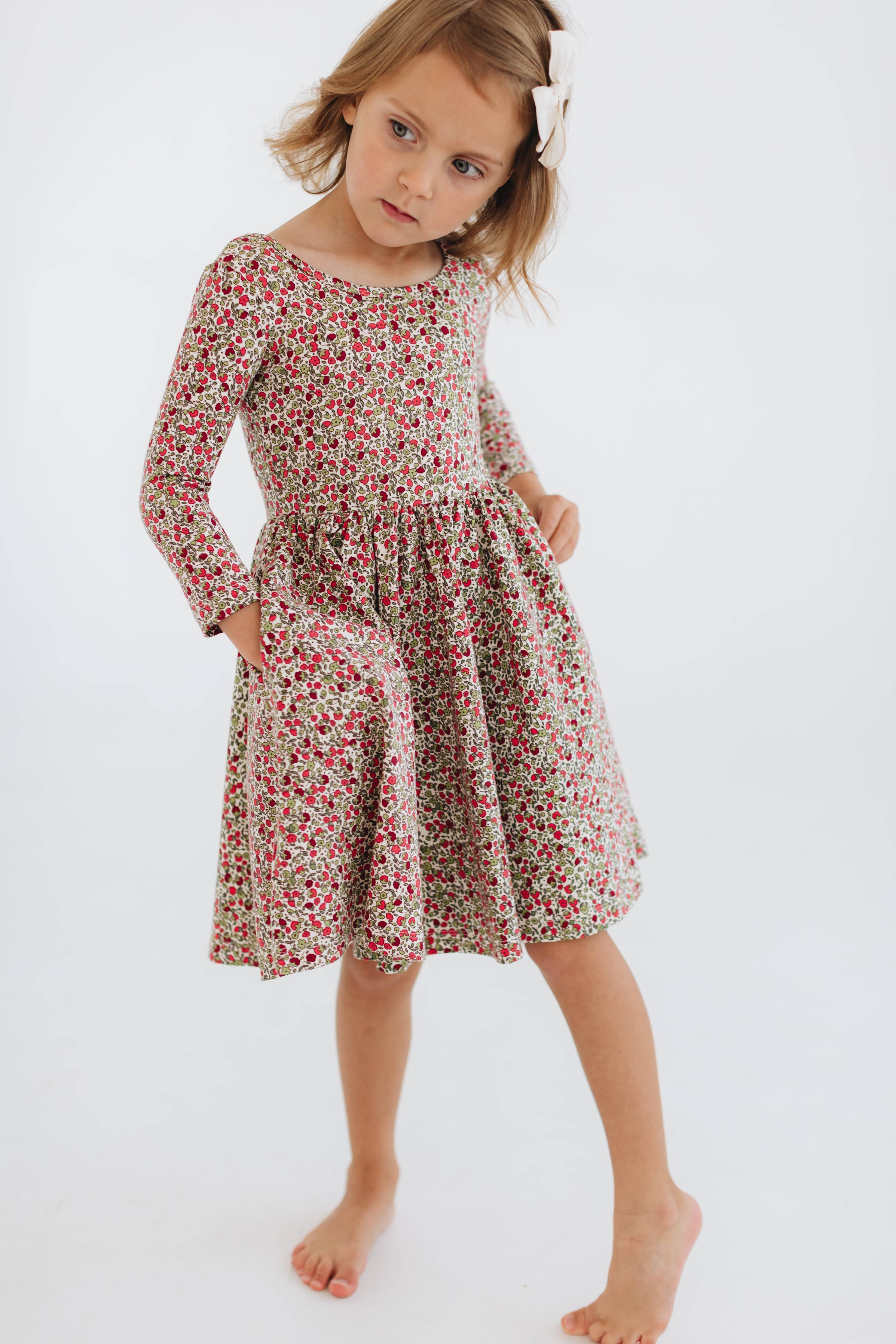 3/4 Sleeve Twirl Dress in Crimson Flora: Crimson Flora