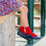 Ribbed Lettuce Trim Midi Socks - Red/White