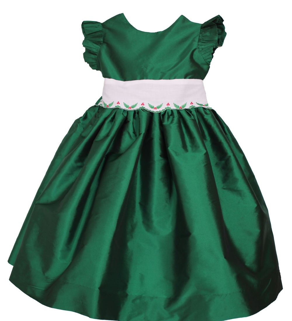 Susanne Lively green taffeta flutter sleeve dress with holly print sash