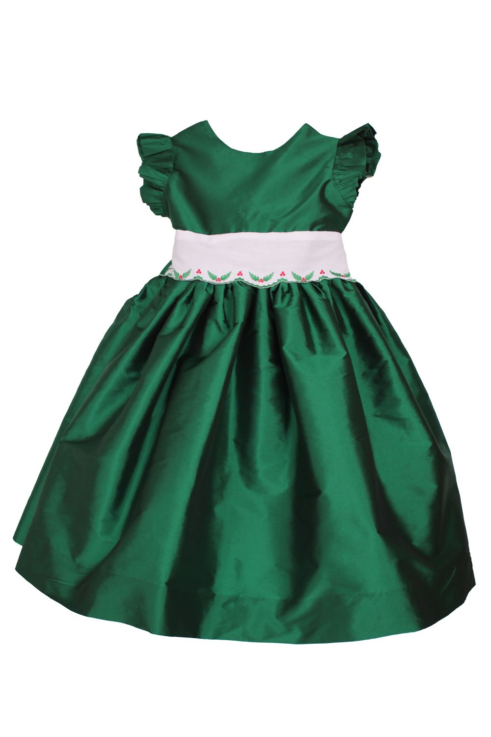 Susanne Lively green taffeta flutter sleeve dress with holly print sash