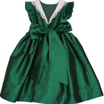 Back of the Susanne Lively green taffeta flutter sleeve dress with holly trim at the waist