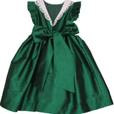 Back of the Susanne Lively green taffeta flutter sleeve dress with holly trim at the waist