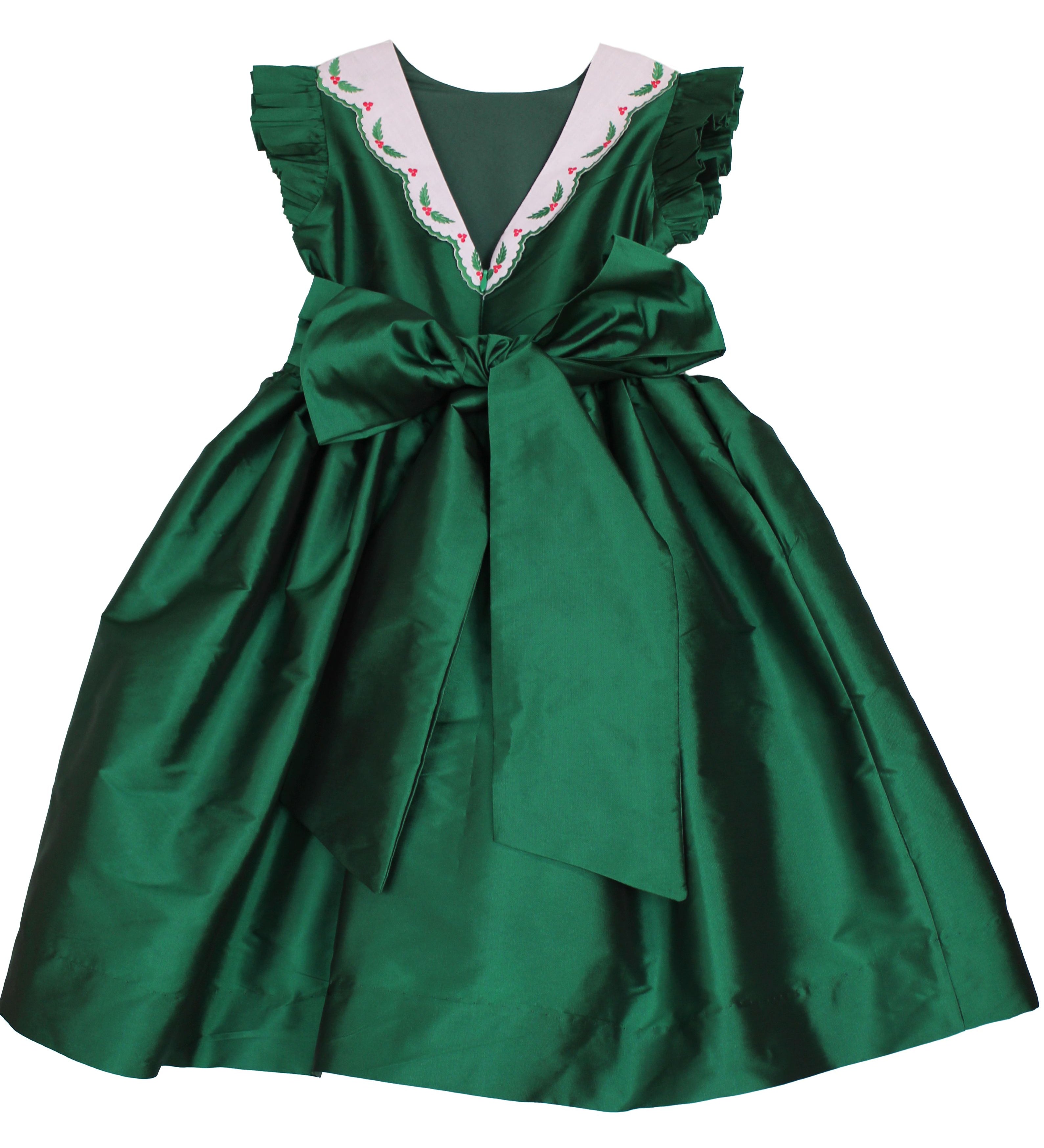 Back of the Susanne Lively green taffeta flutter sleeve dress with holly trim at the waist