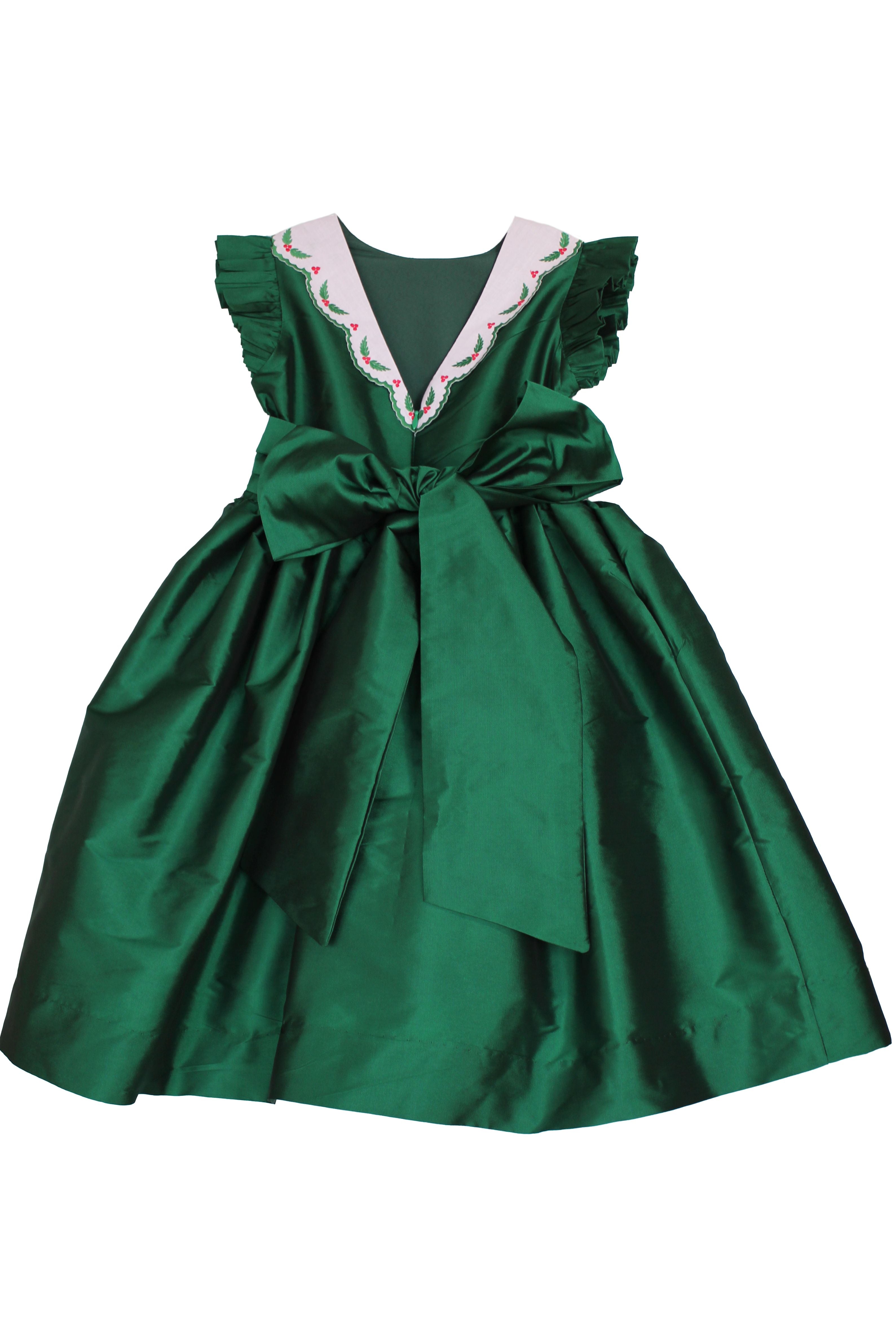 Back of the Susanne Lively green taffeta flutter sleeve dress with holly trim at the waist
