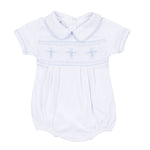 Forever Blessed White Light Blue Smocked Collared Bubble