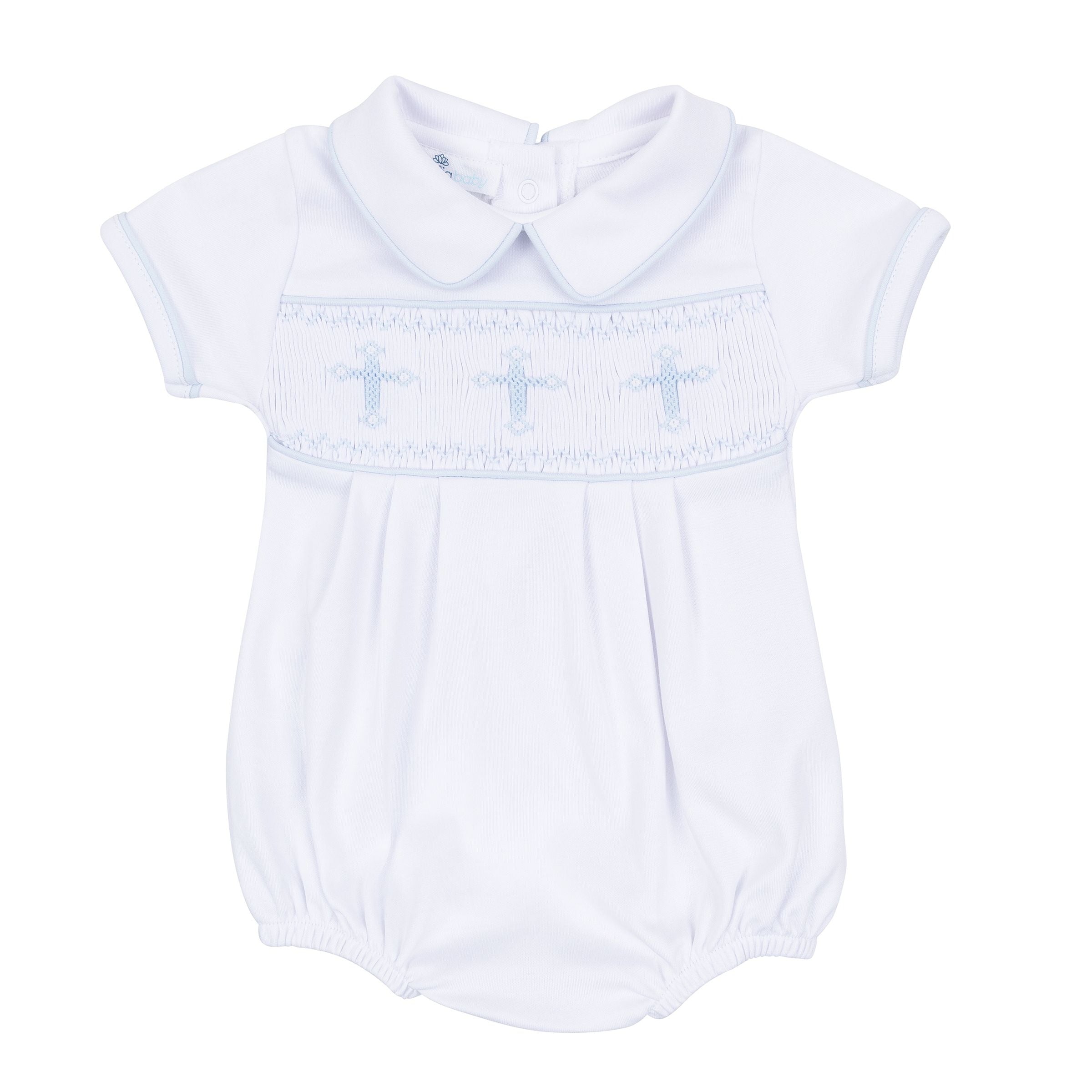 Forever Blessed White Light Blue Smocked Collared Bubble