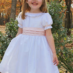Susanne Lively Dress with ruffle collar and sleeves. White/pink