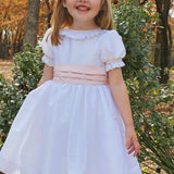 Susanne Lively Dress with ruffle collar and sleeves. White/pink