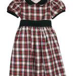 Susanne Lively ivory tartan holiday dress with green corduroy Peter Pan collar, sleeve cuffs and waist sash