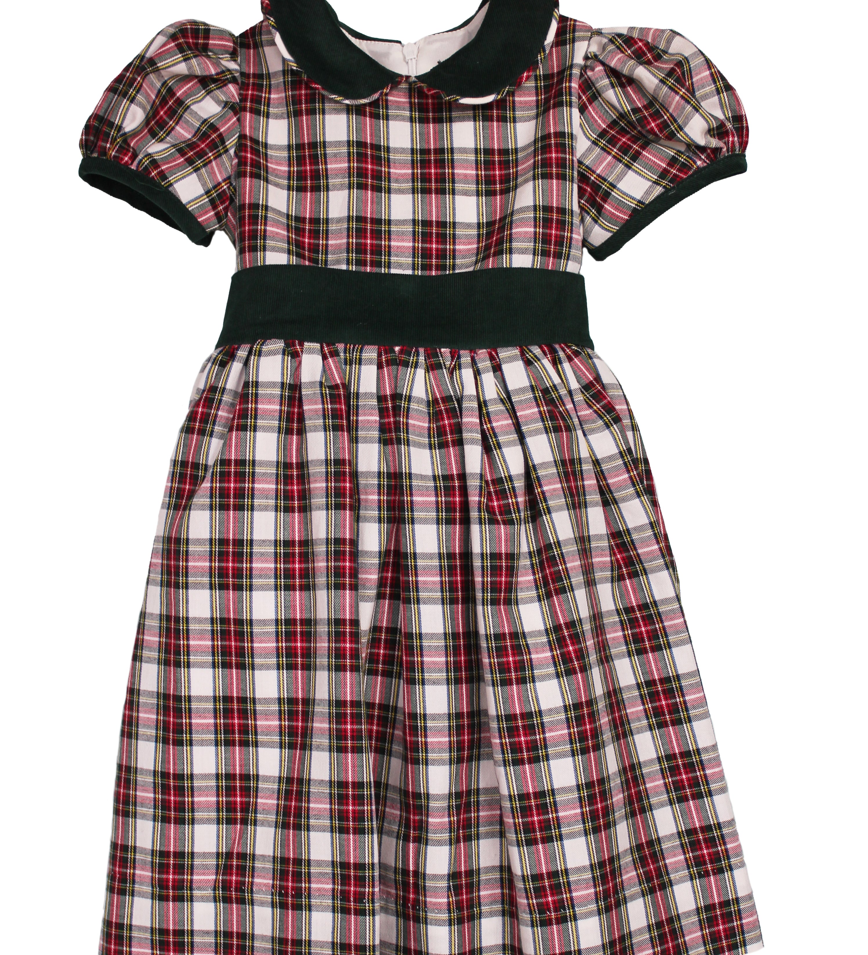 Susanne Lively ivory tartan holiday dress with green corduroy Peter Pan collar, sleeve cuffs and waist sash
