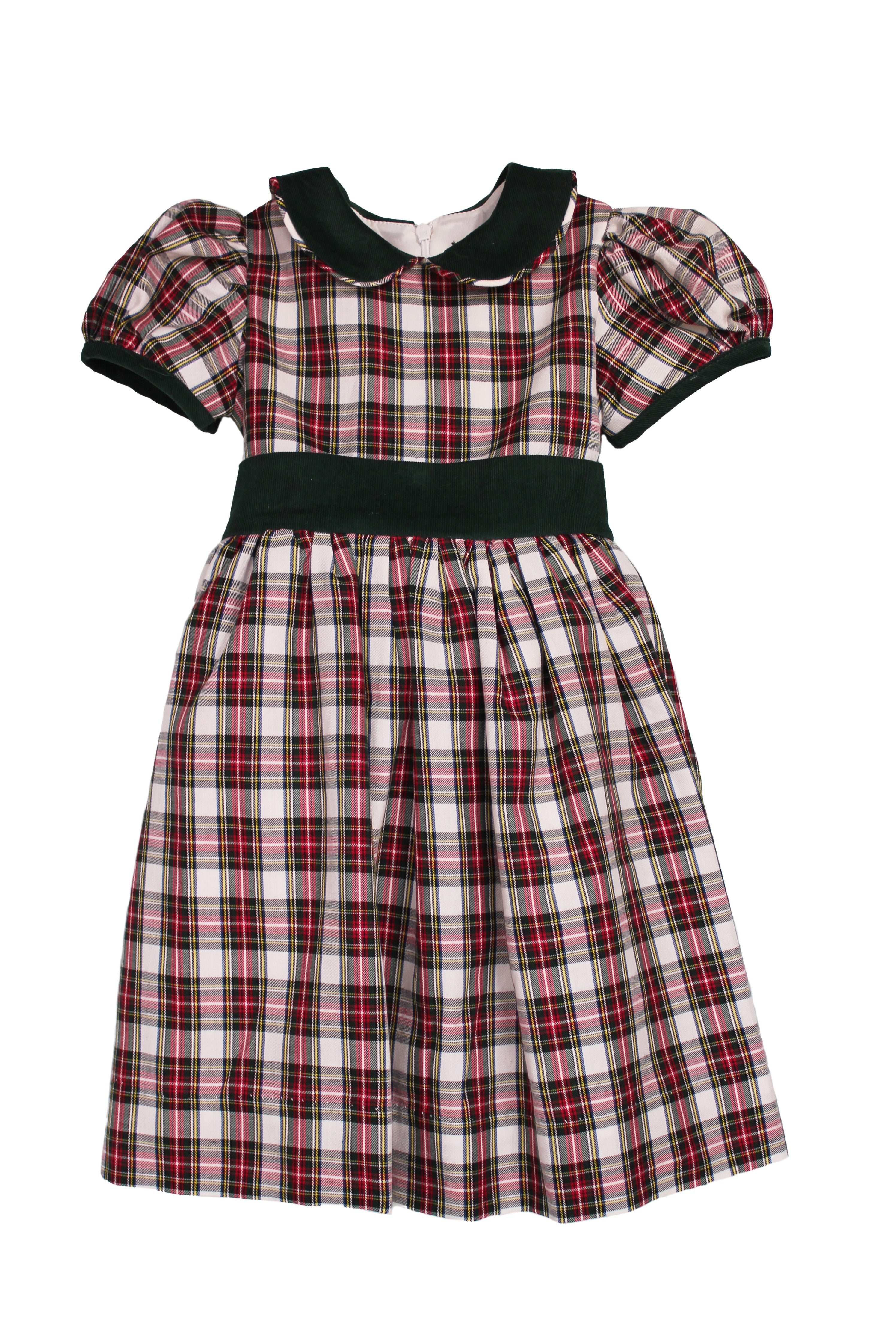 Susanne Lively ivory tartan holiday dress with green corduroy Peter Pan collar, sleeve cuffs and waist sash