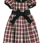Back of the Susanne Lively ivory tartan dress with the green corduroy sash tied in a bow