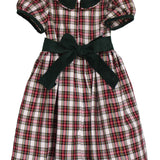 Back of the Susanne Lively ivory tartan dress with the green corduroy sash tied in a bow