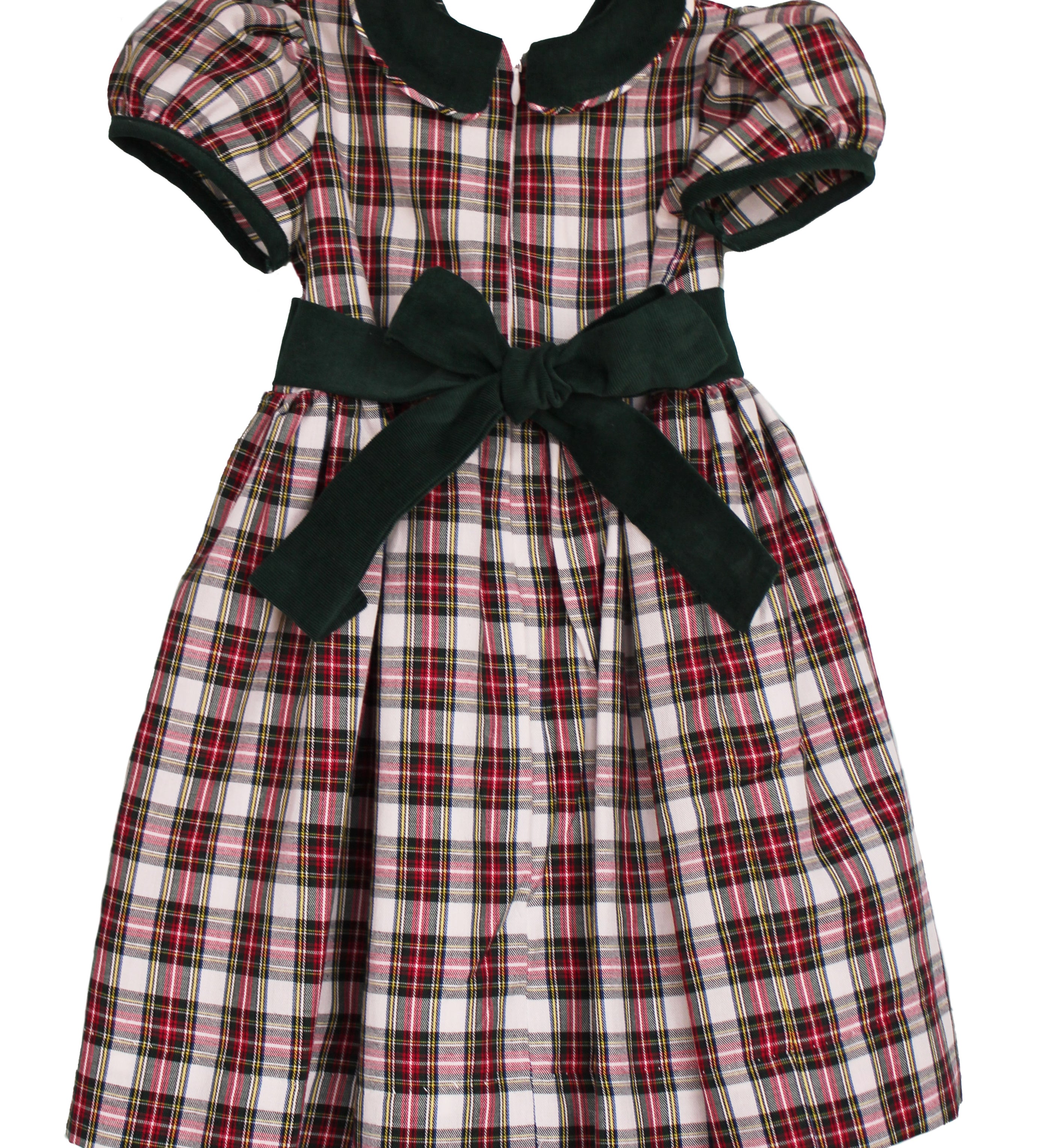Back of the Susanne Lively ivory tartan dress with the green corduroy sash tied in a bow