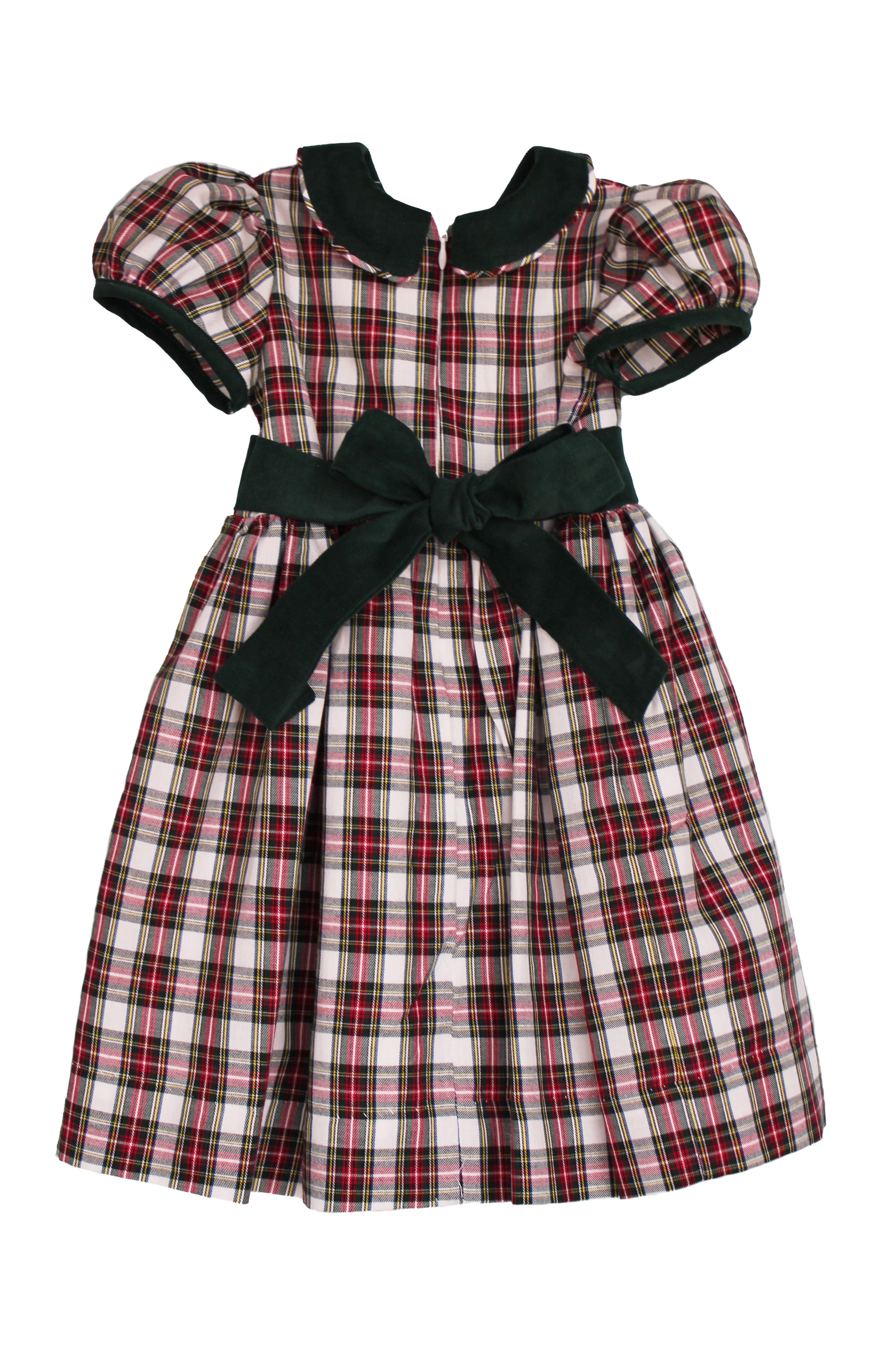 Back of the Susanne Lively ivory tartan dress with the green corduroy sash tied in a bow