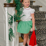 The Proper Peony Carol Christmas Skirt in green and white gingham with red and green holly
