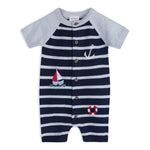 Nautical Stripe Embroidered Baby Knit Romper (Organic): Blue Heather/ Navy