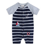 Nautical Stripe Embroidered Baby Knit Romper (Organic): Blue Heather/ Navy