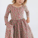 3/4 Sleeve Twirl Dress in Crimson Flora: Crimson Flora