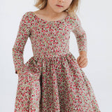 3/4 Sleeve Twirl Dress in Crimson Flora: Crimson Flora