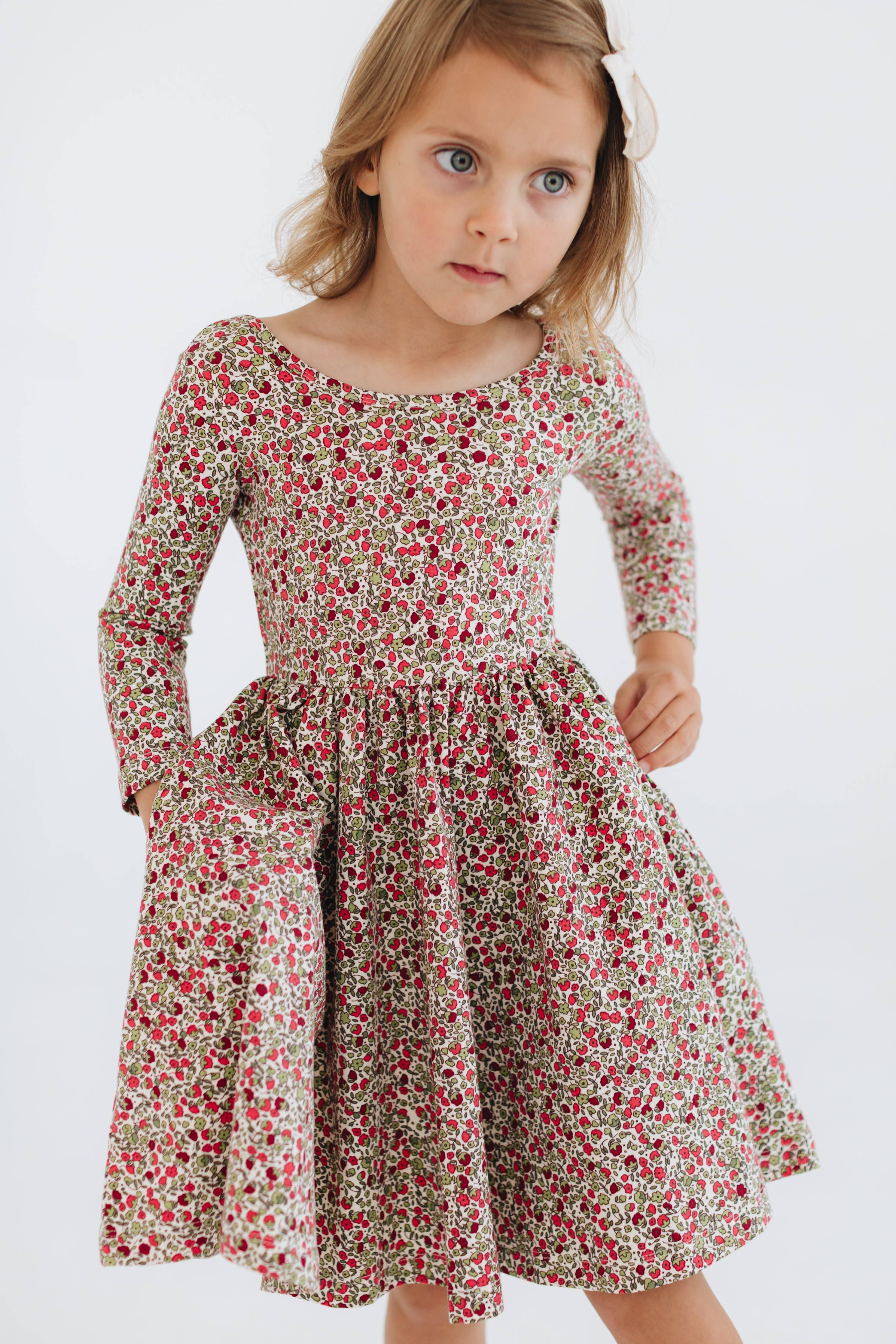3/4 Sleeve Twirl Dress in Crimson Flora: Crimson Flora