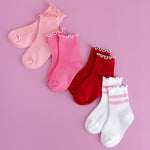 Ribbed Lettuce Trim Midi Socks - Red/White
