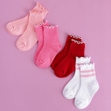 Ribbed Lettuce Trim Midi Socks - Red/White