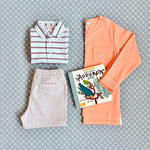 Prim and Proper Polo - Buckhead Blue, Palmetto Pearl, & Gray Bay Brown Stripe with Palmetto Pearl Stork