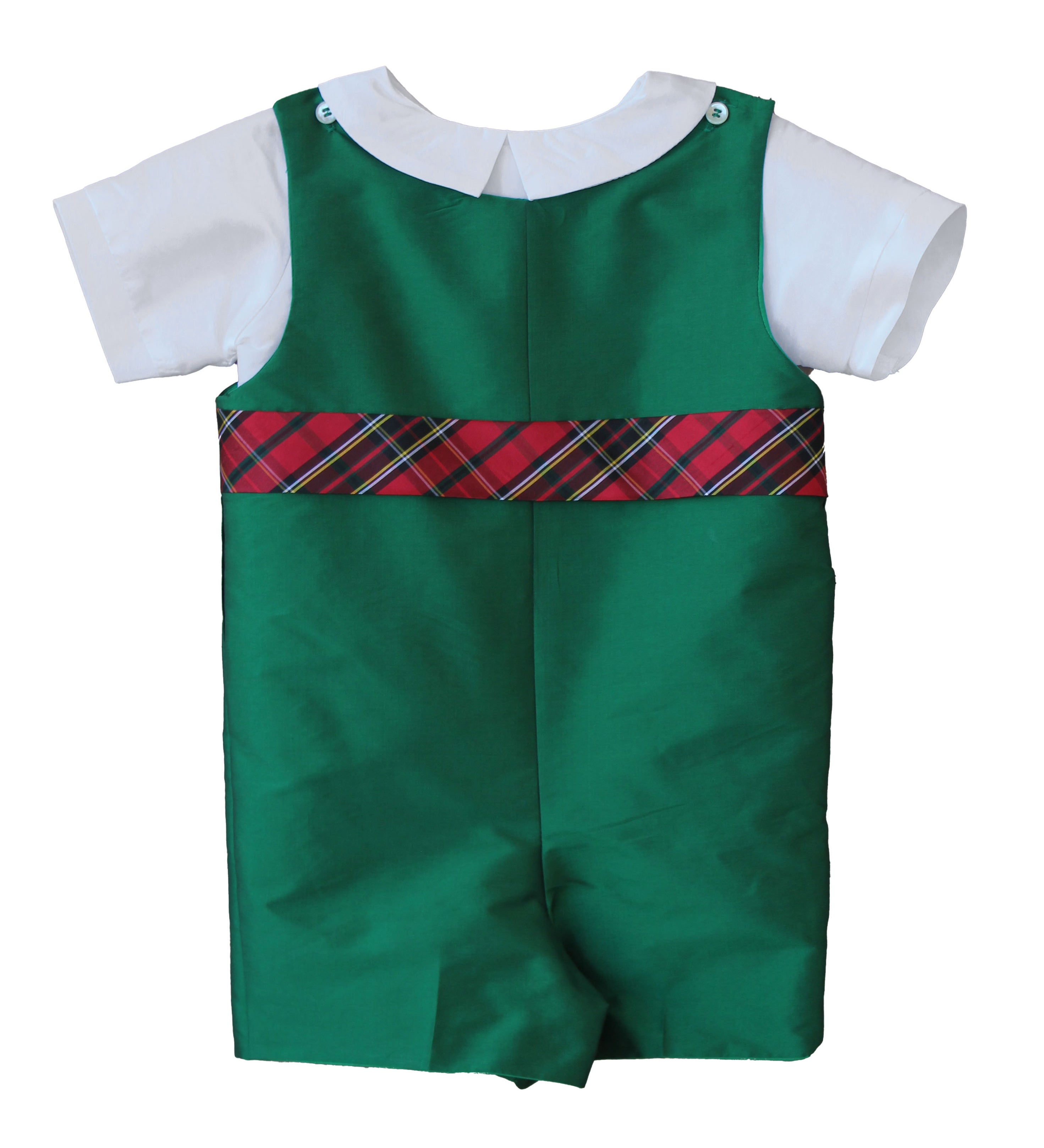 Susanne Lively Christmas green jon jon with red tartan waistband over a white Peter Pan collar shirt