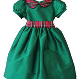 Susanne Lively green taffeta Christmas dress with holiday plaid Peter Pan collar, puff sleeves and plaid sash