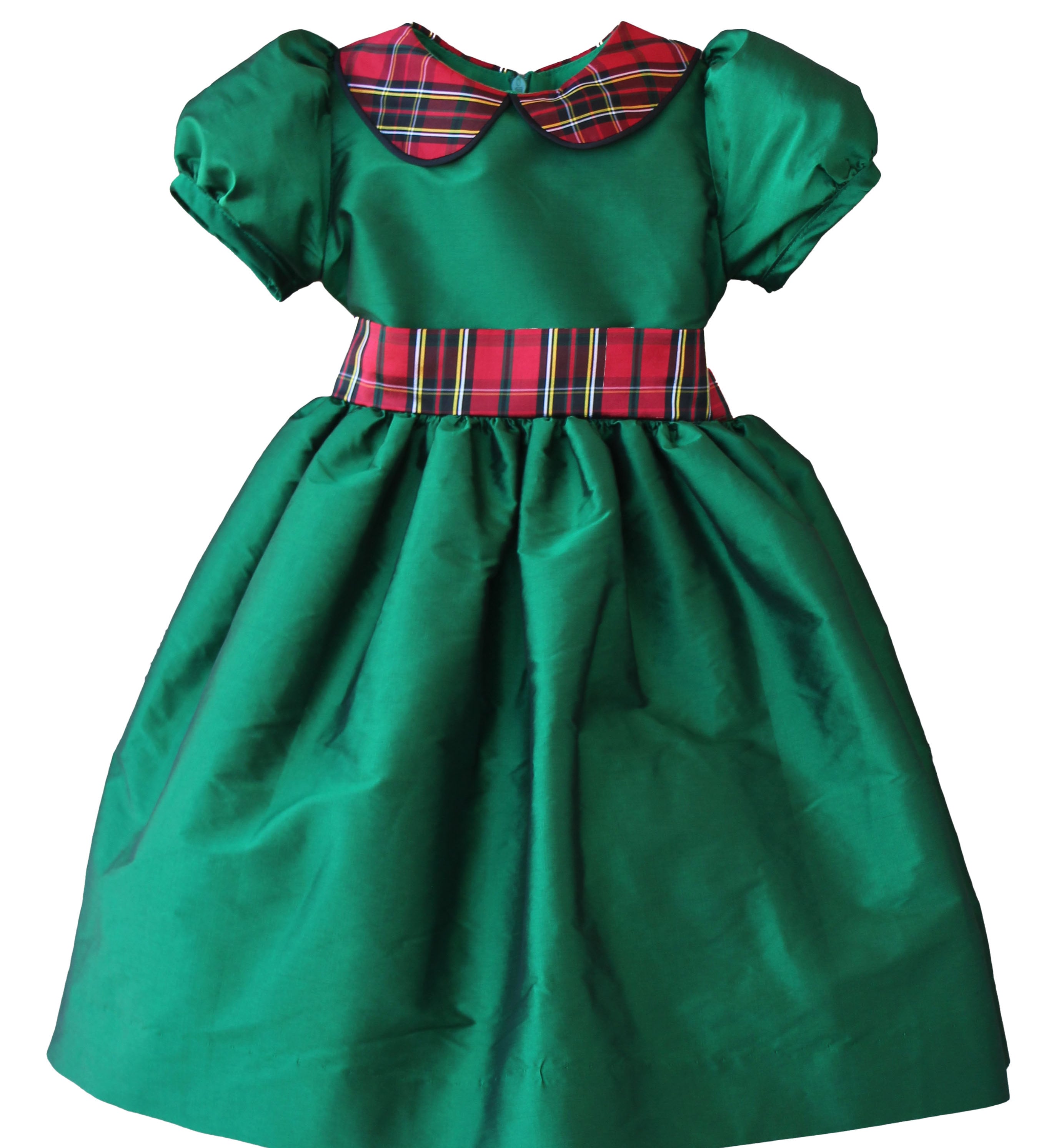 Susanne Lively green taffeta Christmas dress with holiday plaid Peter Pan collar, puff sleeves and plaid sash