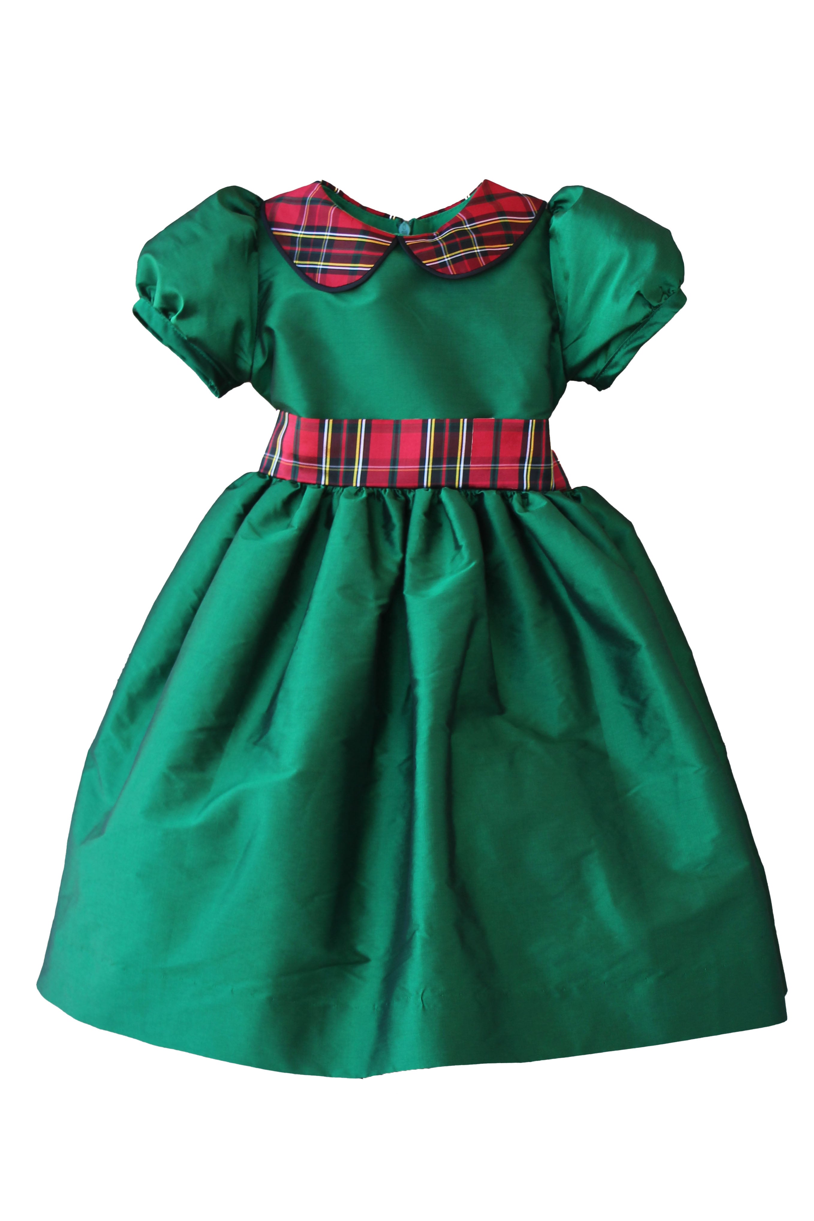 Susanne Lively green taffeta Christmas dress with holiday plaid Peter Pan collar, puff sleeves and plaid sash