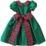 Back of the Susanne Lively green taffeta dress showing the plaid sash tied in a bow