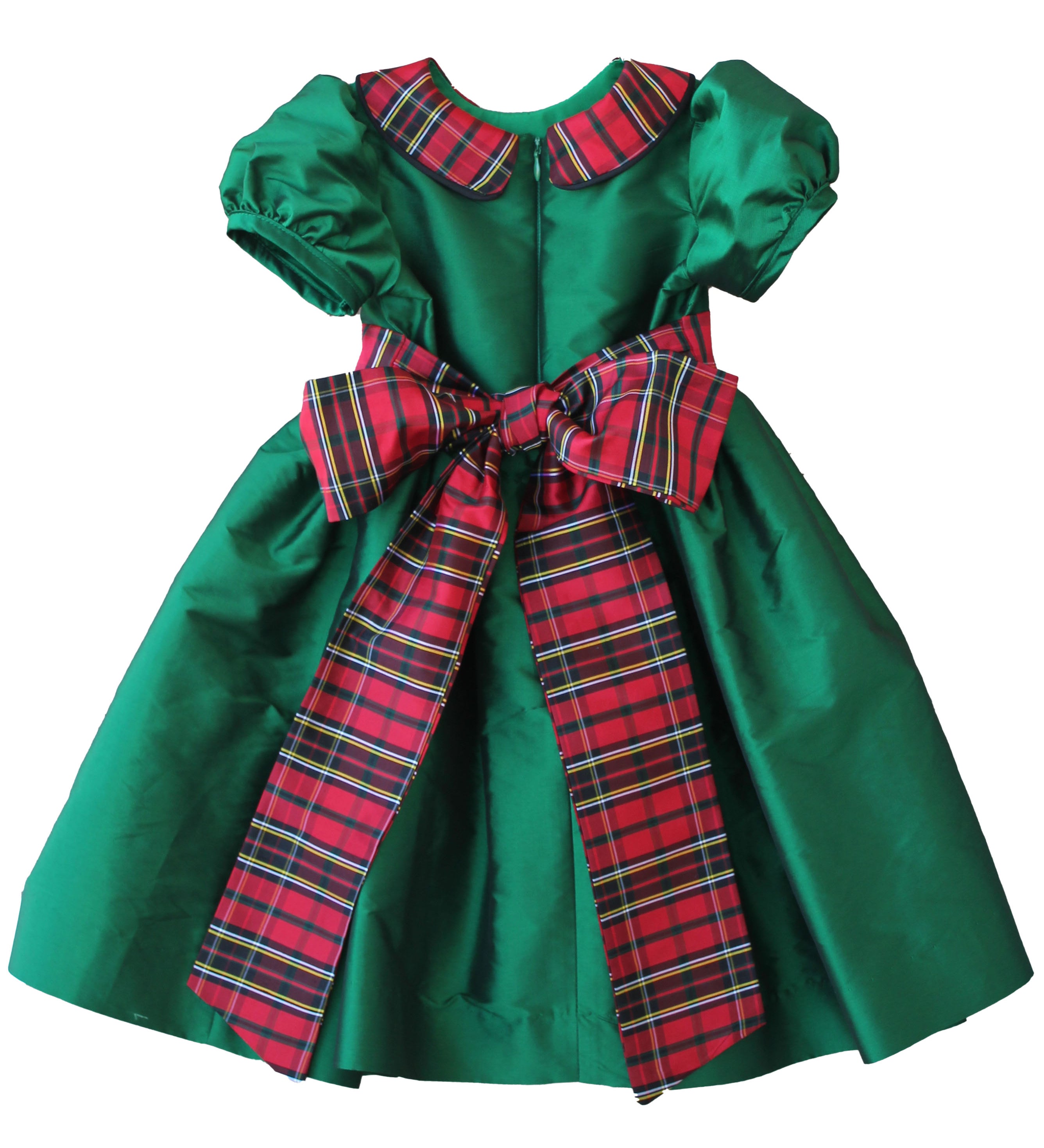 Back of the Susanne Lively green taffeta dress showing the plaid sash tied in a bow