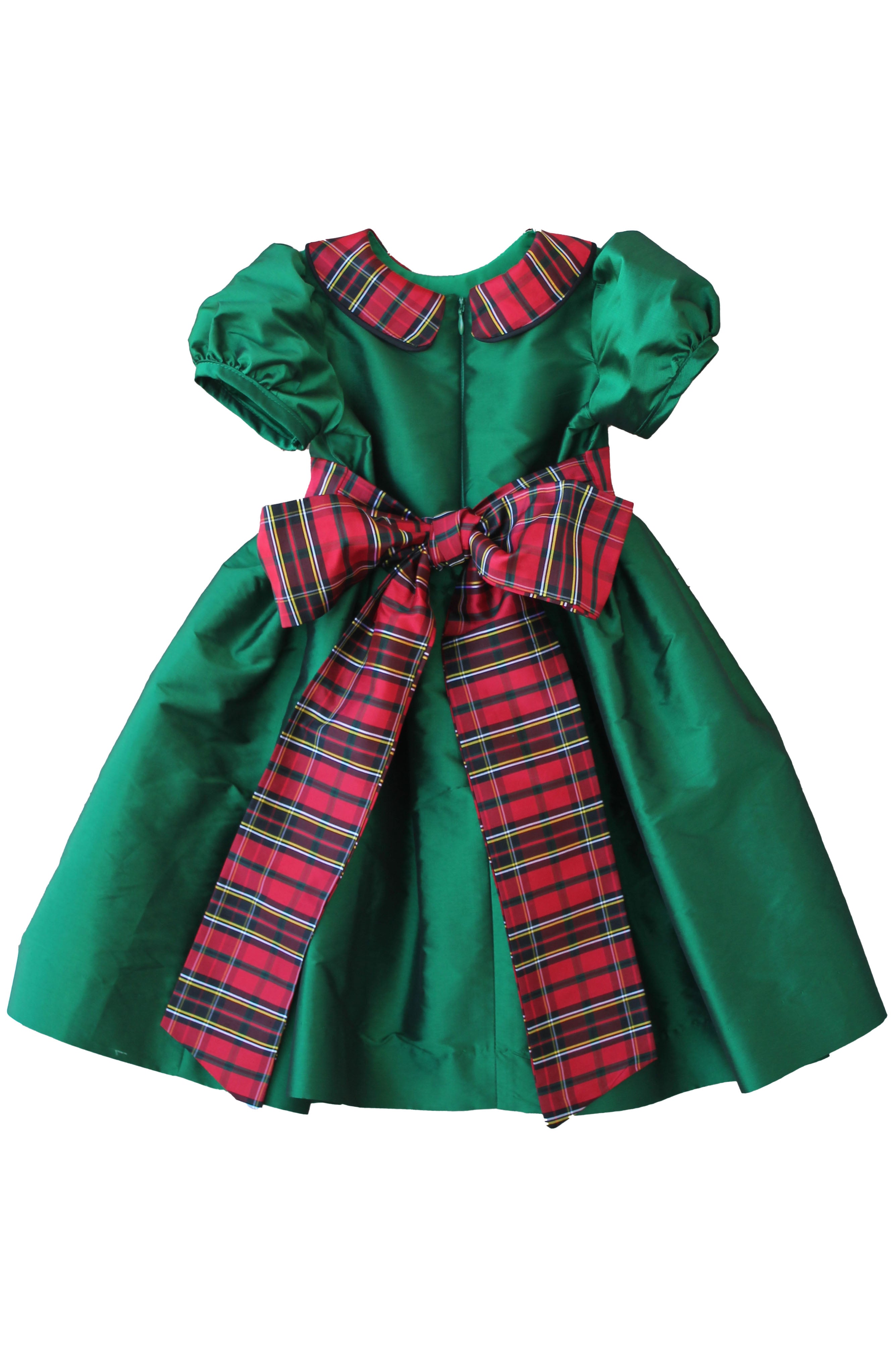 Back of the Susanne Lively green taffeta dress showing the plaid sash tied in a bow