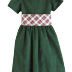 Susanne Lively hunter green corduroy dress with puff sleeves and a wide ivory tartan sash at the waist