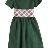 Susanne Lively hunter green corduroy dress with puff sleeves and a wide ivory tartan sash at the waist