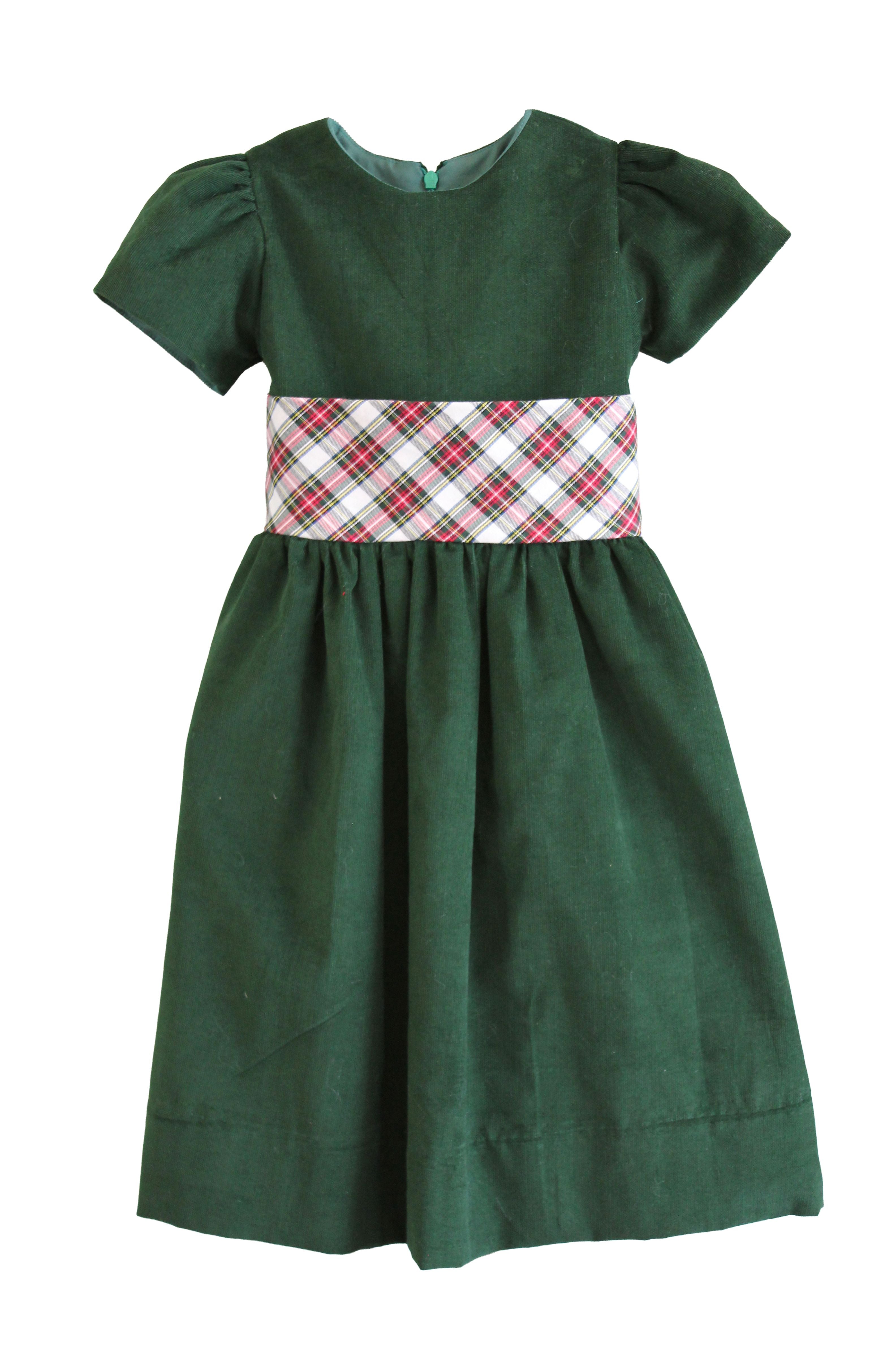 Susanne Lively hunter green corduroy dress with puff sleeves and a wide ivory tartan sash at the waist