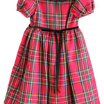Back of the Susanne Lively red plaid dress showing the zipper and black velvet ribbon tie