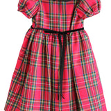 Back of the Susanne Lively red plaid dress showing the zipper and black velvet ribbon tie