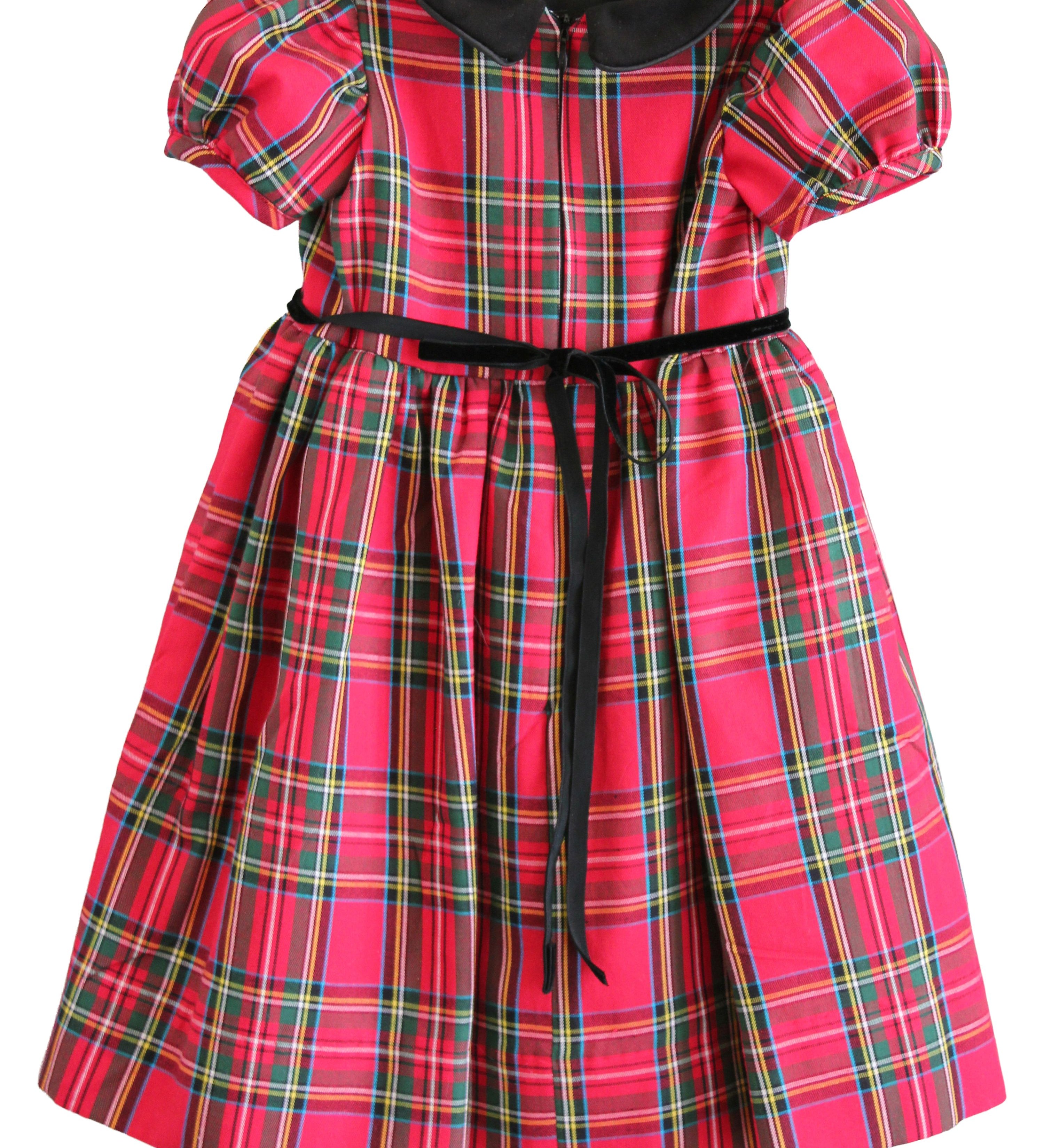 Back of the Susanne Lively red plaid dress showing the zipper and black velvet ribbon tie