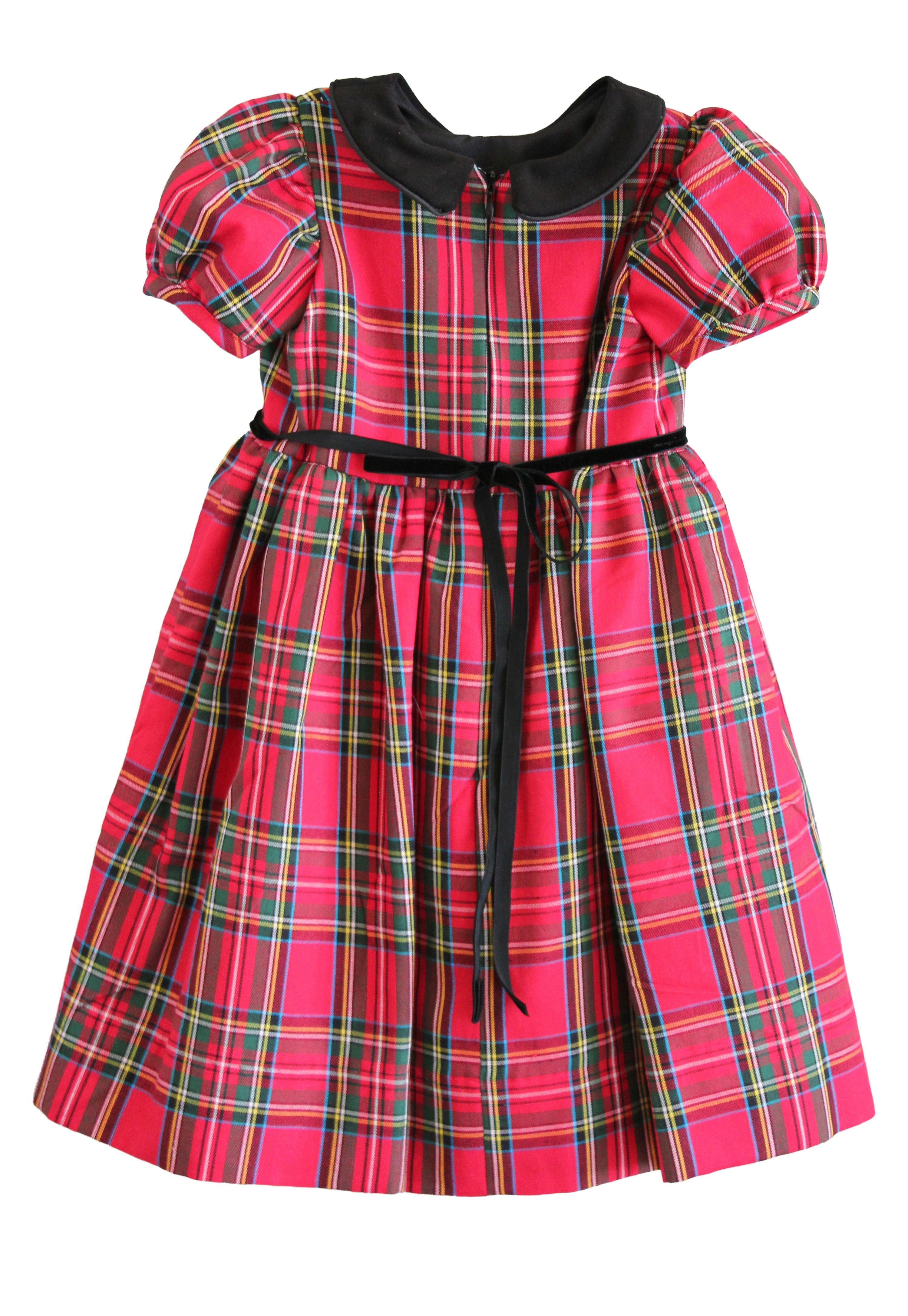 Back of the Susanne Lively red plaid dress showing the zipper and black velvet ribbon tie