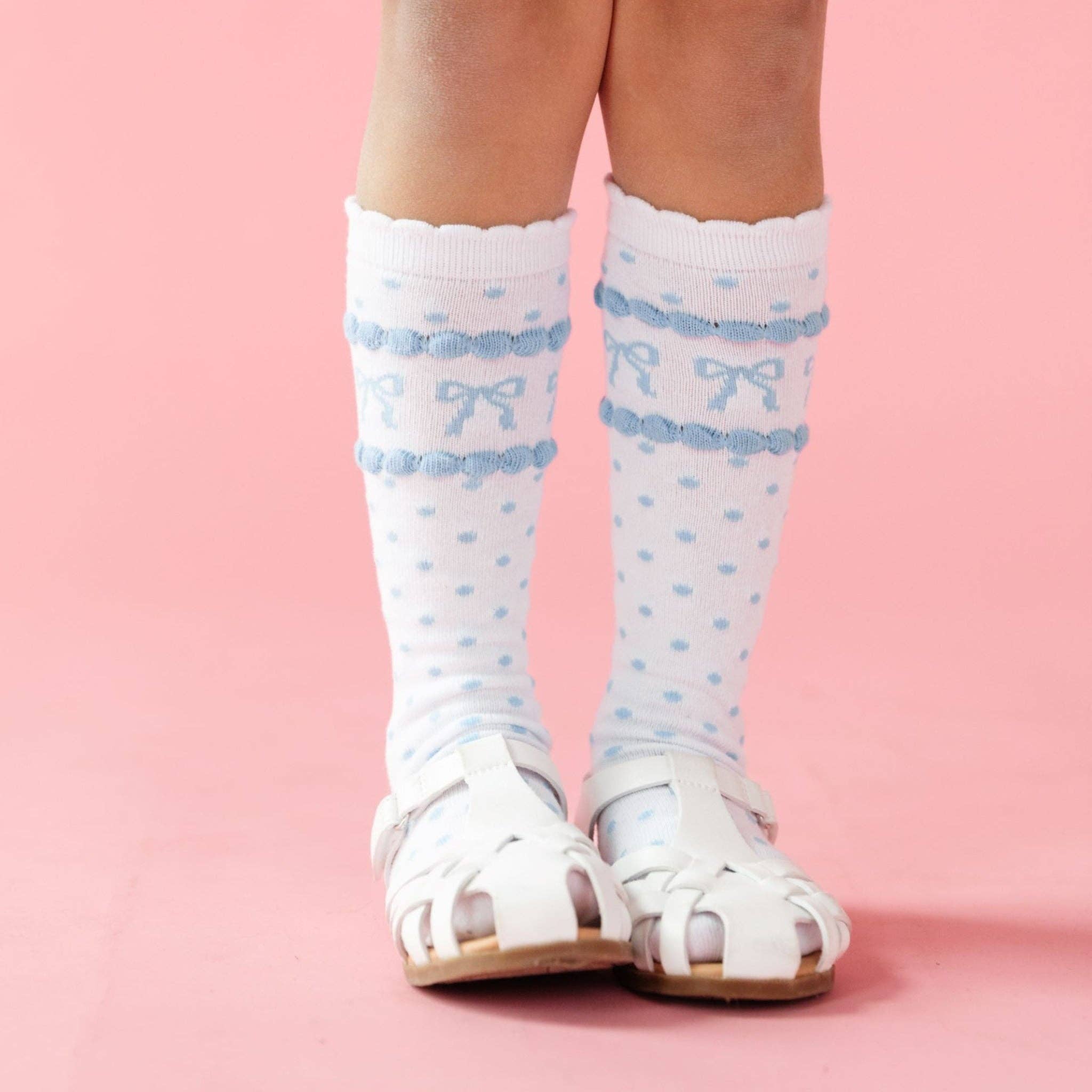 Little Stocking Co. Blue Bow Scalloped Knee High Socks, view 2