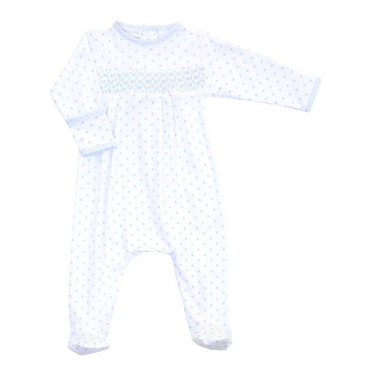 Essentials Blue Gingham Dots Smocked Footie - 100% Cotton, Machine Washable, Made in Peru