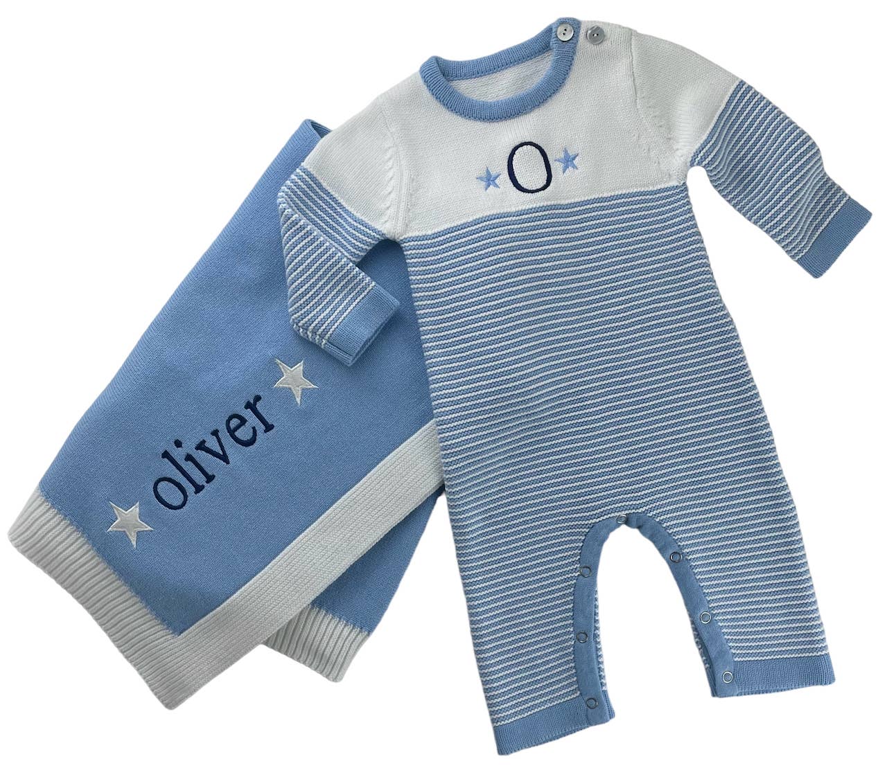 Jersey Knit Blanket with Contrast Rib Border: Blue/Cream