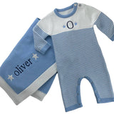 Jersey Knit Blanket with Contrast Rib Border: Blue/Cream