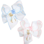 EMBROIDERED EASTER CROCHET EDGE BOWS: White w/ Millennium Blue Crochet Edge