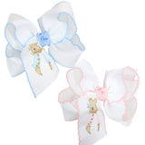 EMBROIDERED EASTER CROCHET EDGE BOWS: White w/ Millennium Blue Crochet Edge