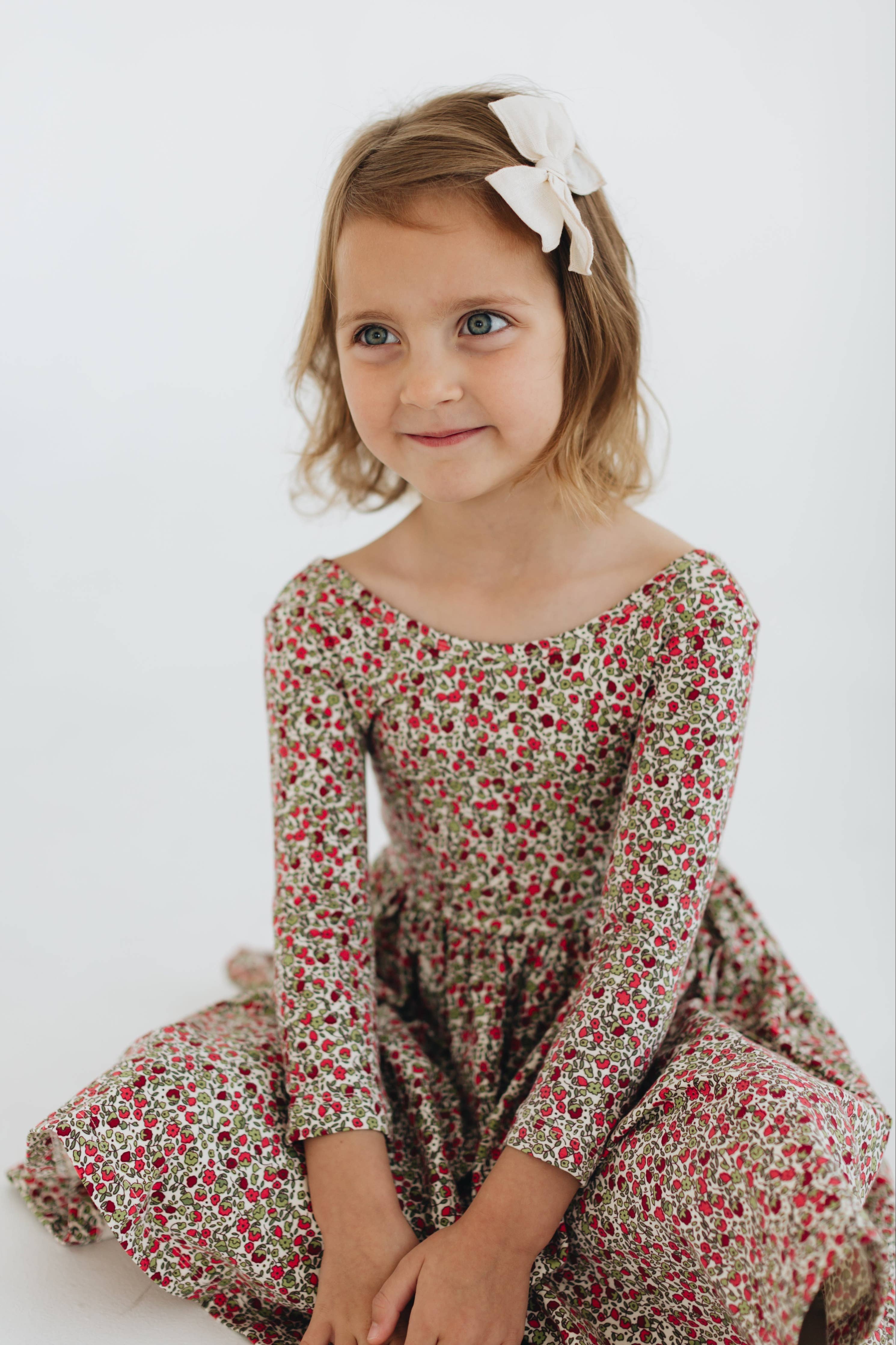 3/4 Sleeve Twirl Dress in Crimson Flora: Crimson Flora